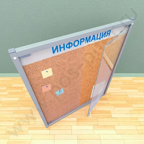 Пробковый стенд с двумя распашными дверцами на 12 листов А4, в три ряда